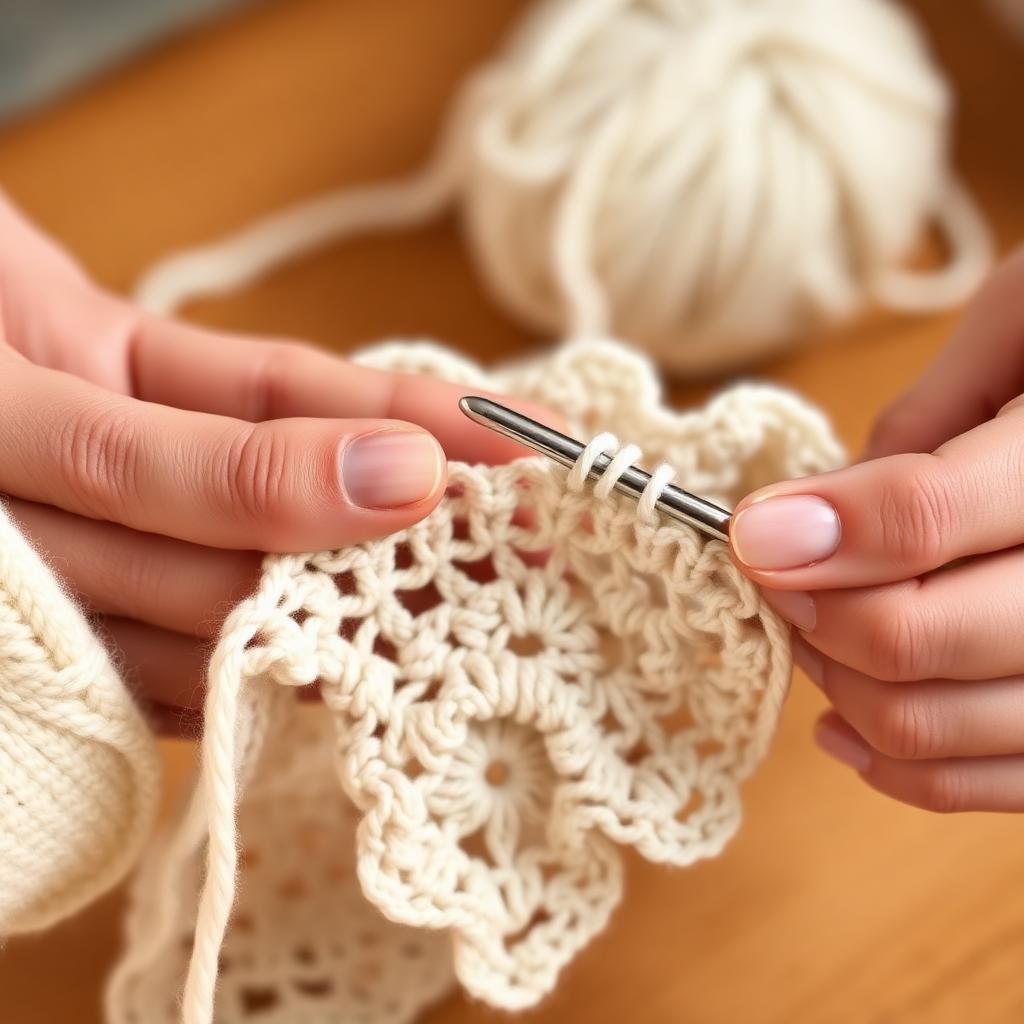 Mãos crochetando um ponto com fio de algodão branco