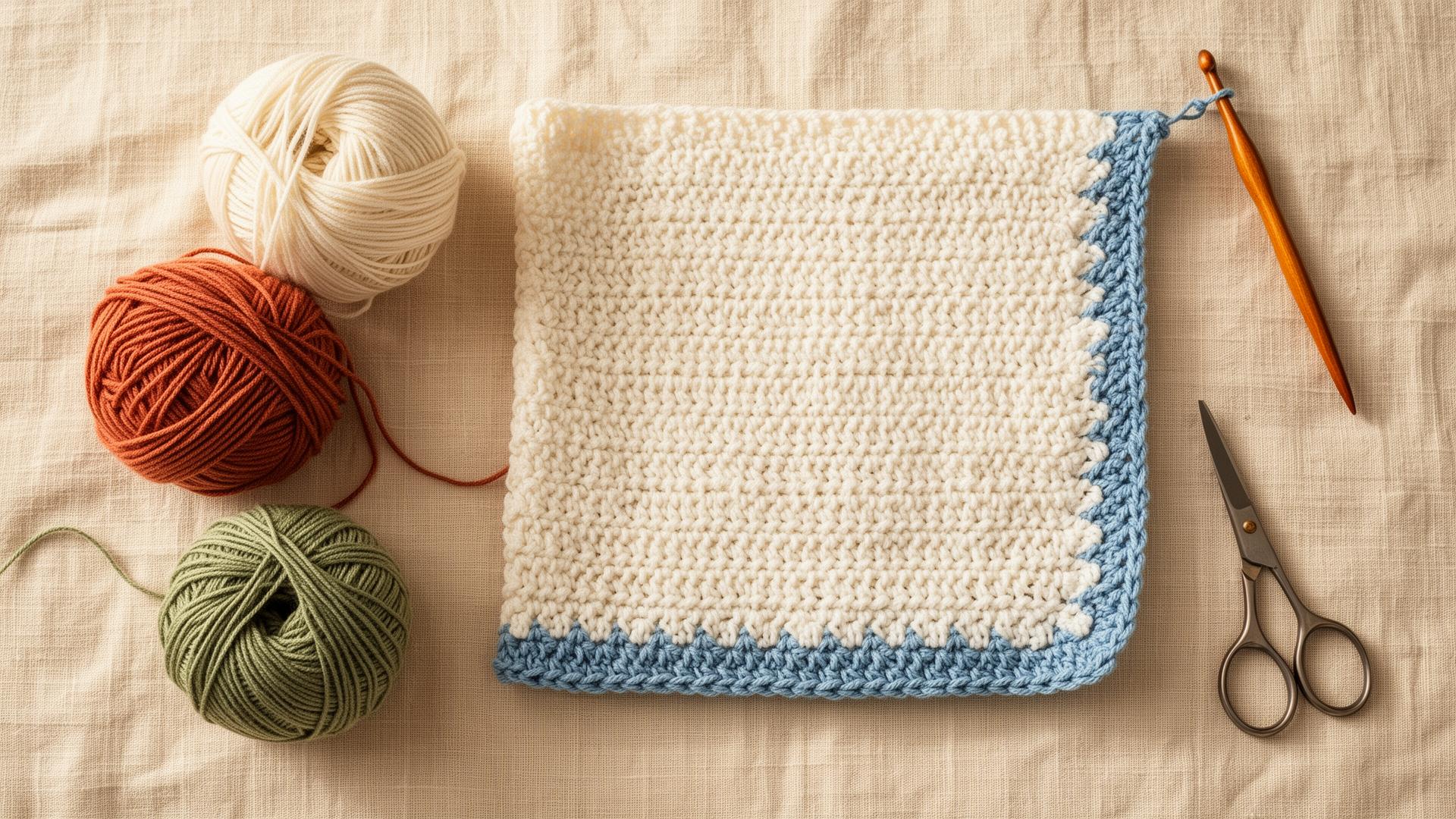 Pano de prato de crochê branco com barrado azul ao lado de novelos de algodão